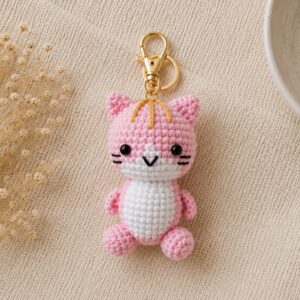 Handmade Crochet Pink Cat Keychain With Cute Amigurumi Kitty Charm