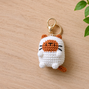 Handmade Crochet White Brown Cat Keychain With Cute Amigurumi Kitty Charm