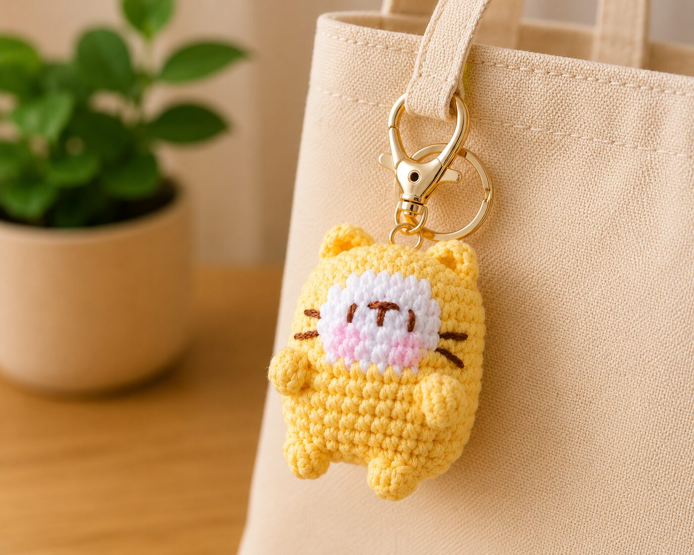 Handmade Crochet Yellow Cat Keychain With Cute Amigurumi Kitty Charm - Image 3