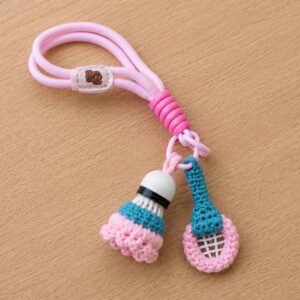 Handmade Crochet Pink Mint Badminton Keychain Set With Amigurumi Sports Charms
