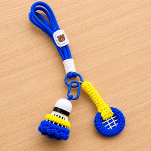 Handmade Crochet Blue Yellow Badminton Keychain Set With Amigurumi Sports Charms