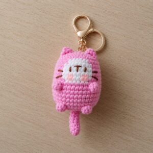 Handmade Crochet Pink Cat Keychain With Cute Amigurumi Kitty Charm