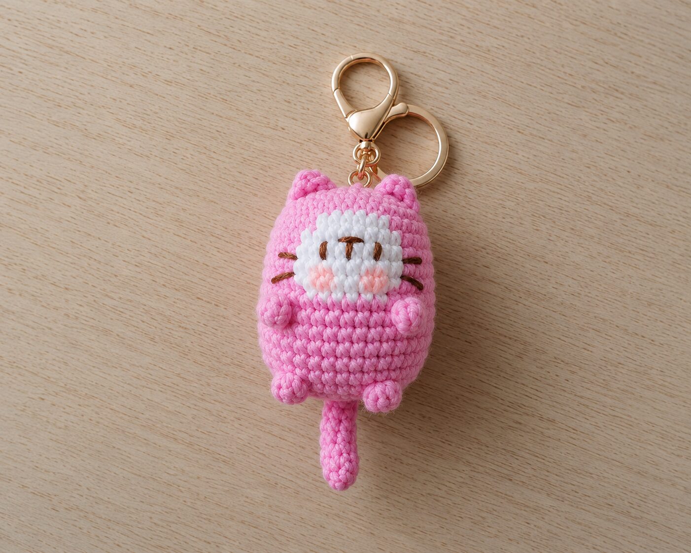 Handmade Crochet Pink Cat Keychain With Cute Amigurumi Kitty Charm