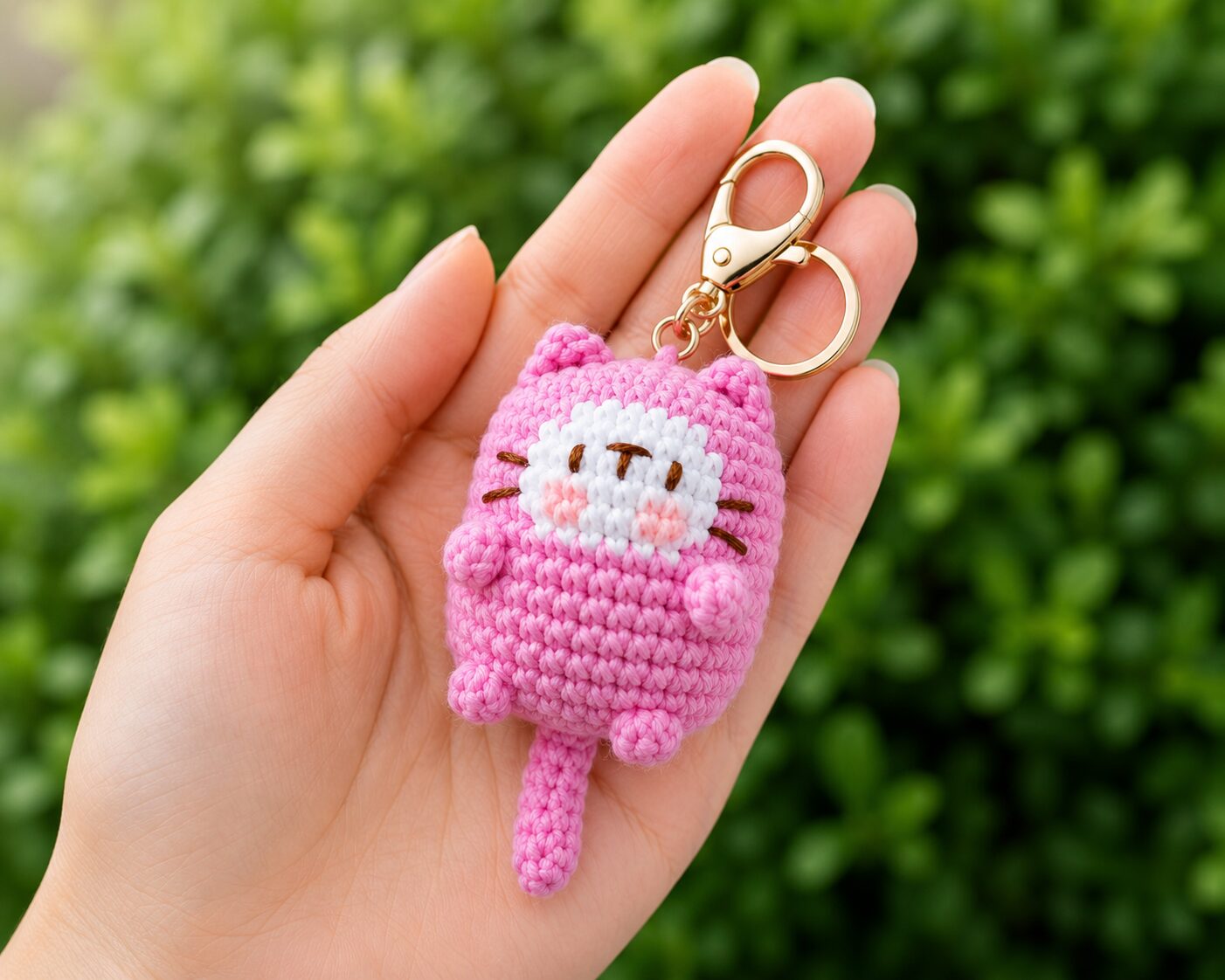 Handmade Crochet Pink Cat Keychain With Cute Amigurumi Kitty Charm - Image 3