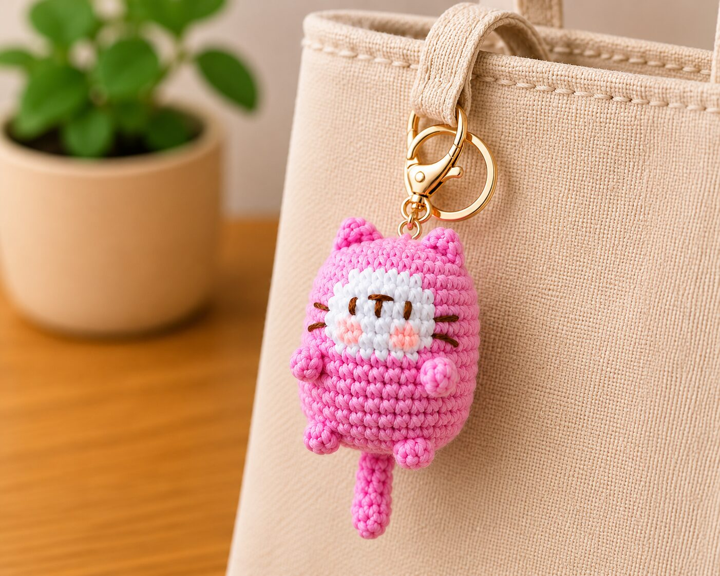 Handmade Crochet Pink Cat Keychain With Cute Amigurumi Kitty Charm - Image 2