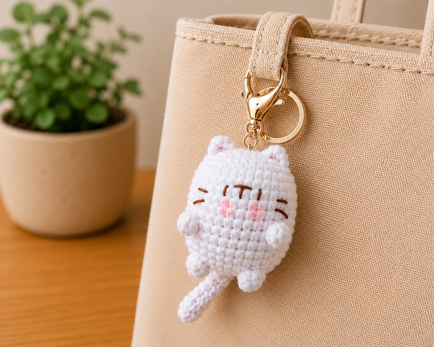 Handmade Crochet White Cat Keychain With Cute Amigurumi Kitty Charm - Image 2