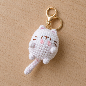 Handmade Crochet White Cat Keychain With Cute Amigurumi Kitty Charm