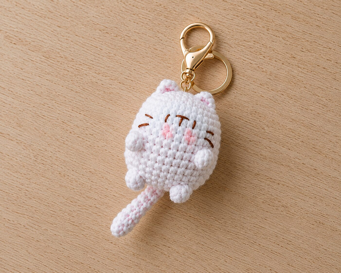 Handmade Crochet White Cat Keychain With Cute Amigurumi Kitty Charm