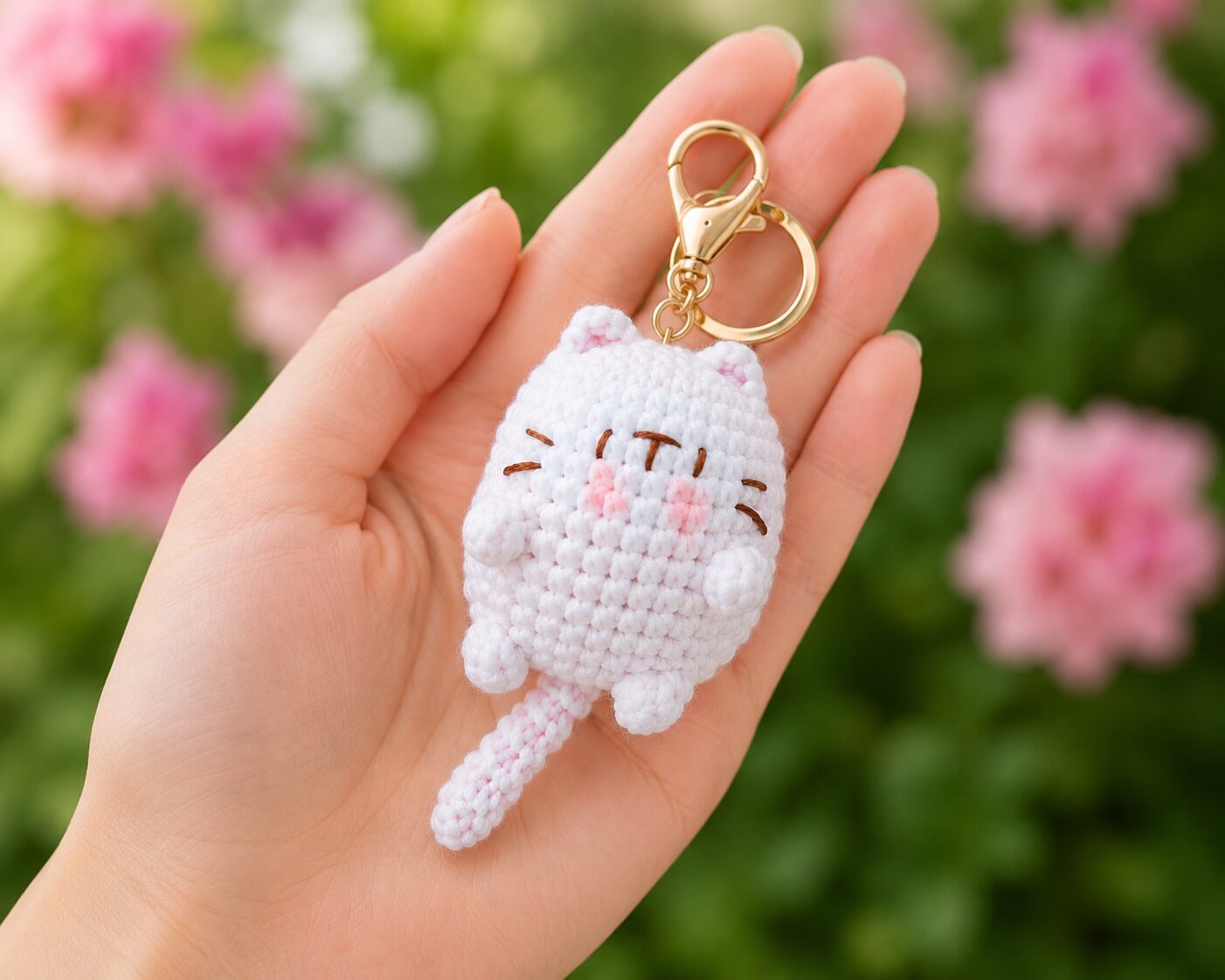 Handmade Crochet White Cat Keychain With Cute Amigurumi Kitty Charm - Image 3