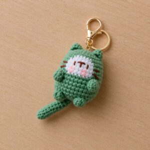 Handmade Crochet Green Cat Keychain With Cute Amigurumi Kitty Bag Charm