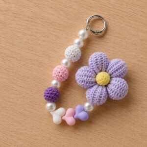 Handmade Crochet Lavender Flower Keychain With Pastel Beaded Bag Charm