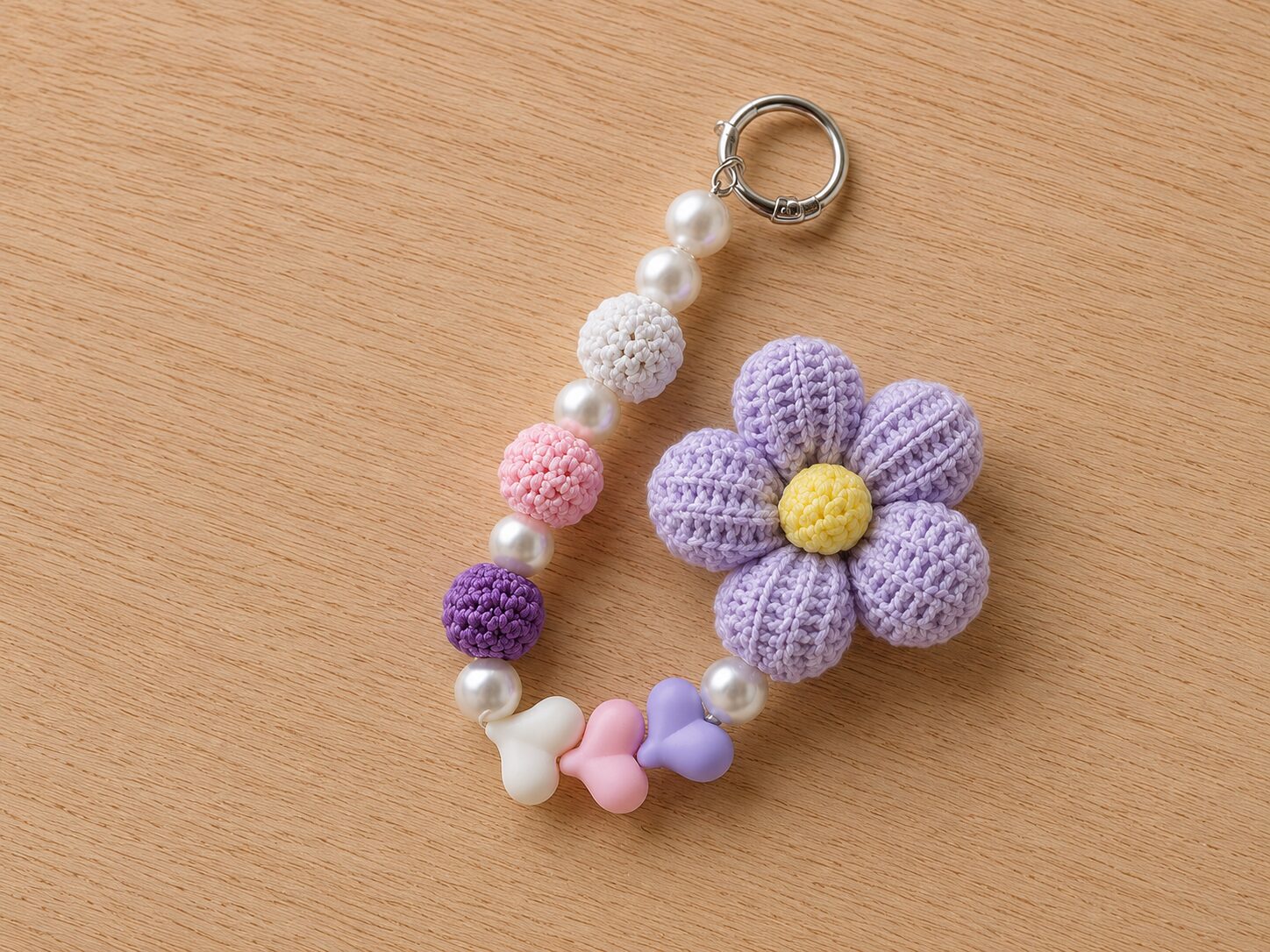 Handmade Crochet Lavender Flower Keychain With Pastel Beaded Bag Charm