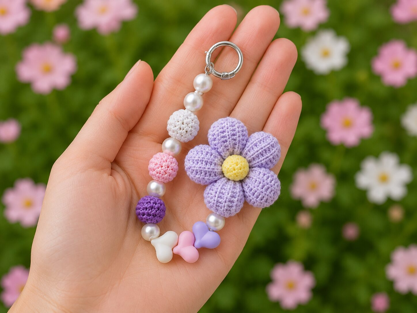Handmade Crochet Lavender Flower Keychain With Pastel Beaded Bag Charm - Image 2