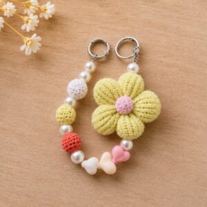 Handmade Crochet Lime Yellow Flower Keychain With Pastel Beaded Bag Charm