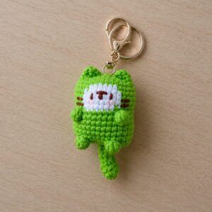Handmade Crochet Green Cat Keychain With Cute Amigurumi Kitty Charm