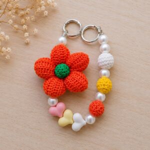 Handmade Crochet Orange Flower Keychain With Colorful Beaded Bag Charm
