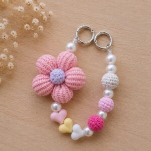 Handmade Crochet Pastel Flower Keychain With Beaded Bag Charm Accessory