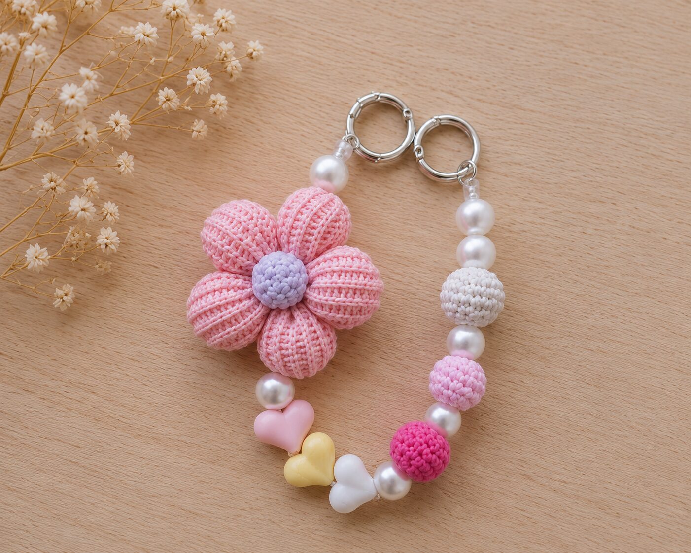 Handmade Crochet Pastel Flower Keychain With Beaded Bag Charm Accessory