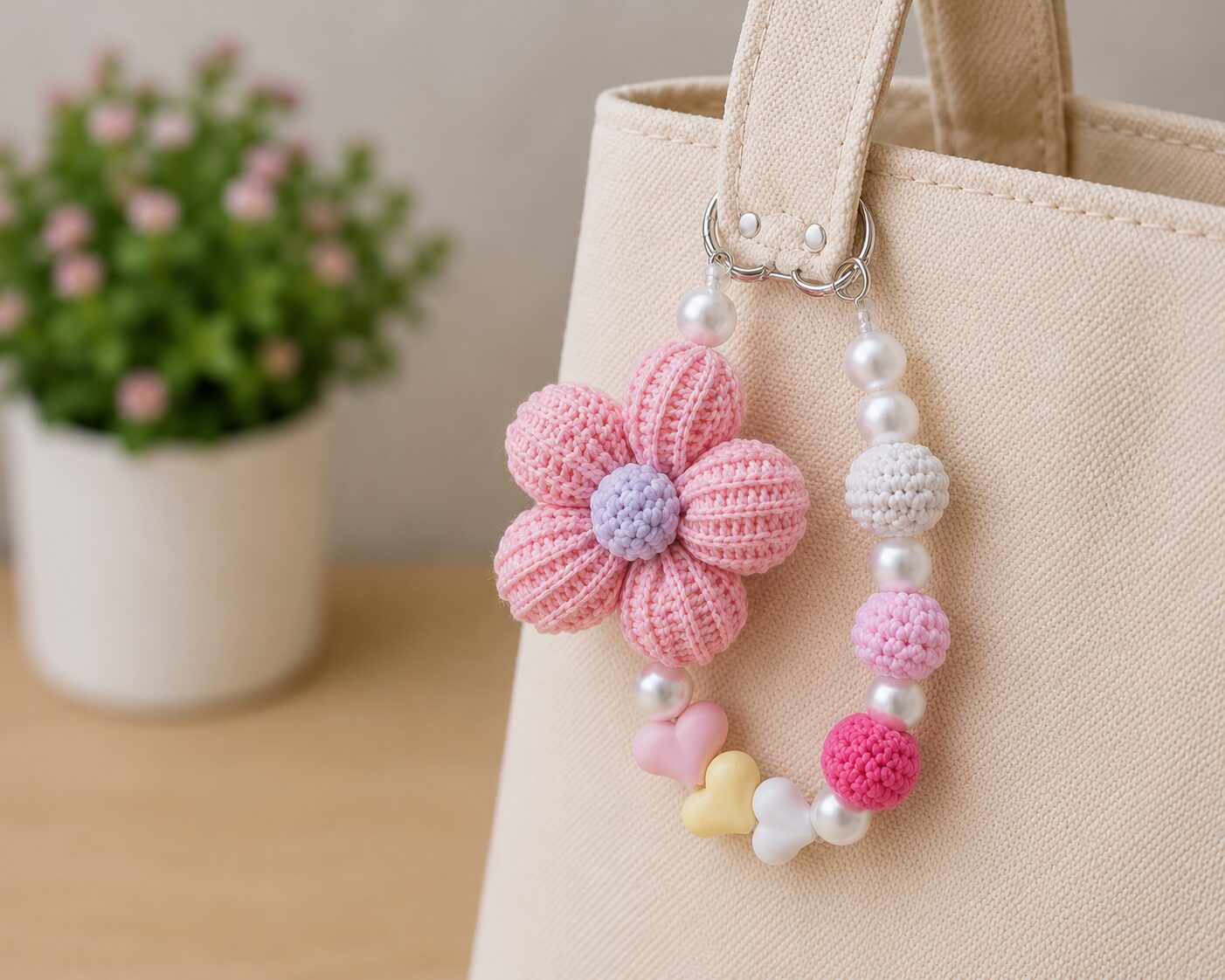 Handmade Crochet Pastel Flower Keychain With Beaded Bag Charm Accessory - Image 2