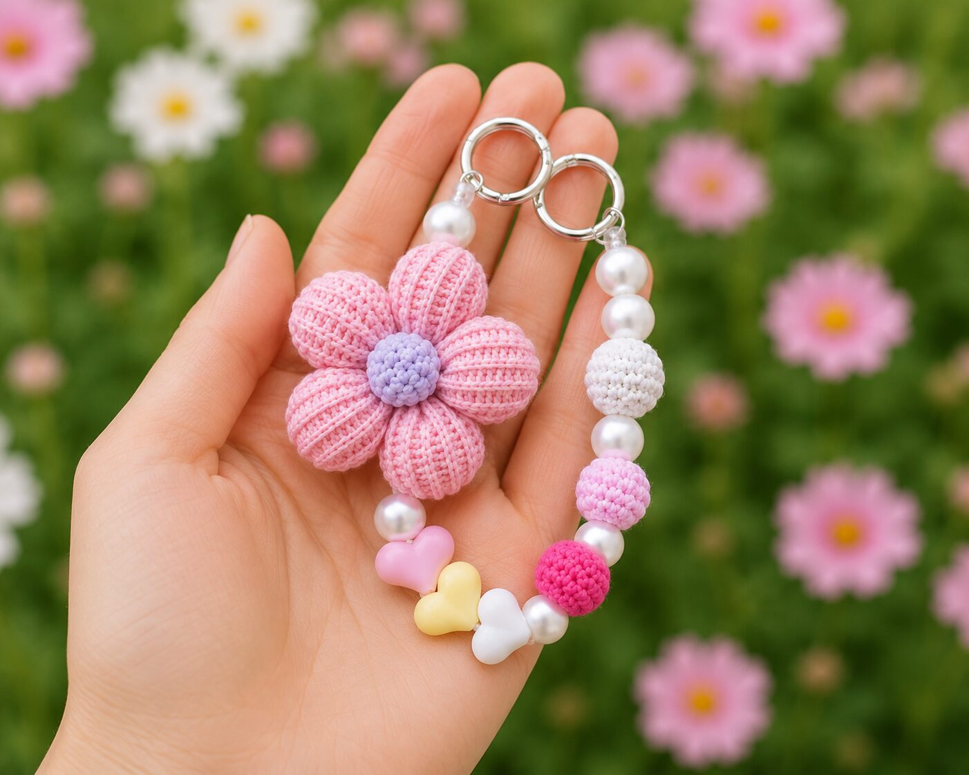 Handmade Crochet Pastel Flower Keychain With Beaded Bag Charm Accessory - Image 3