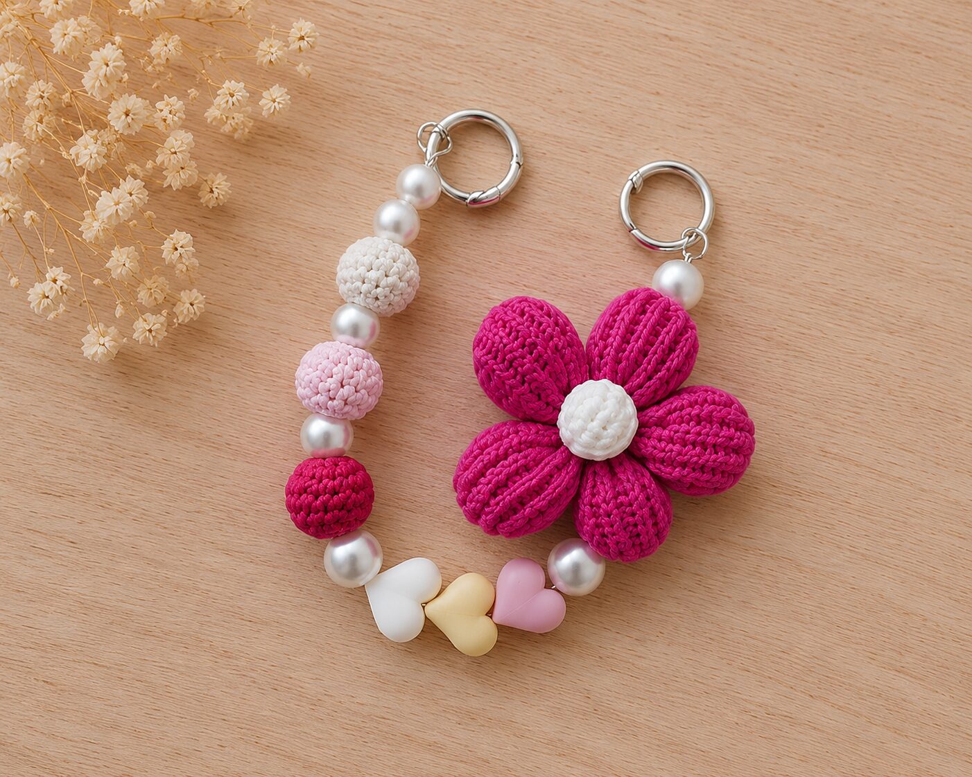 Handmade Crochet Flower Keychain With Beads Cute Bag Charm Accessory