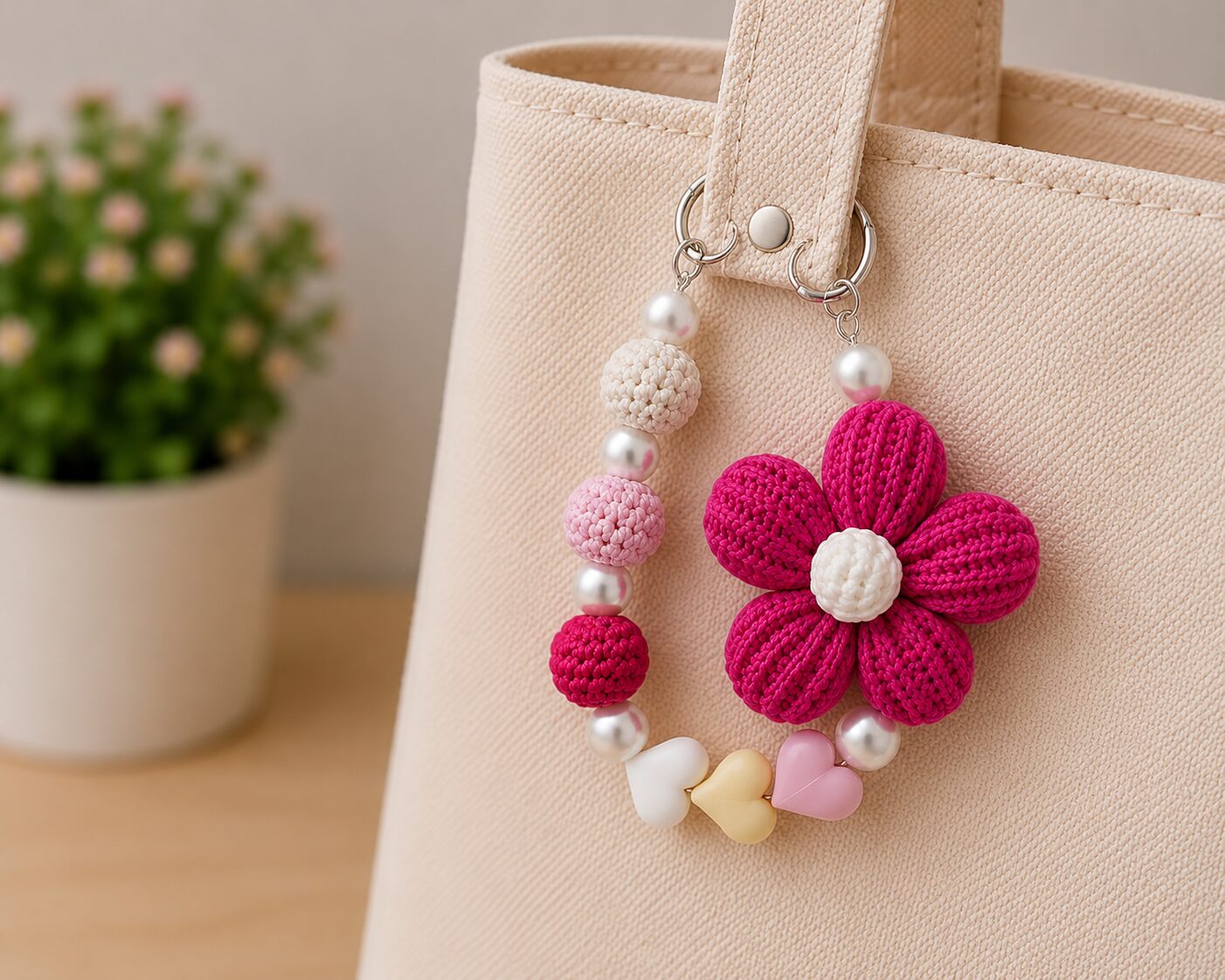 Handmade Crochet Flower Keychain With Beads Cute Bag Charm Accessory - Image 2