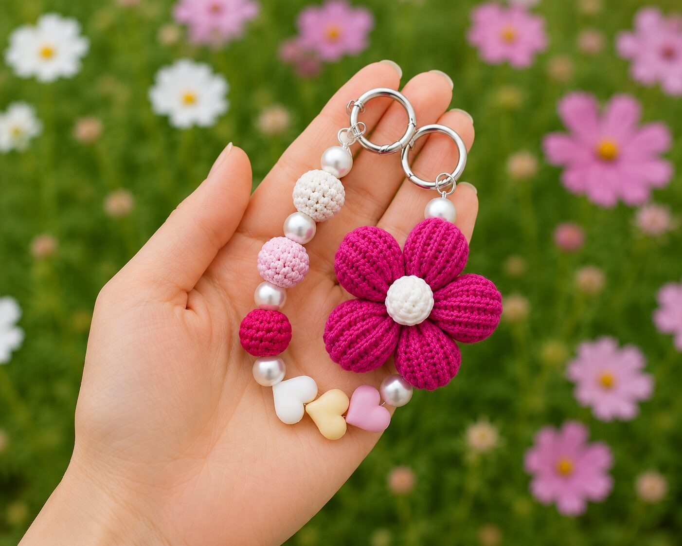 Handmade Crochet Flower Keychain With Beads Cute Bag Charm Accessory - Image 3