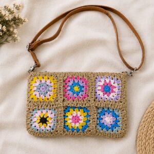 Handmade Crochet Granny Square Sling Bag With Slim Crossbody Purse Design