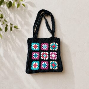 Handmade Crochet Granny Square Tote Bag With Boho Shoulder Bag Design