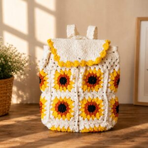 Handmade Crochet Sunflower Granny Square Backpack With Floral Boho Bag Design