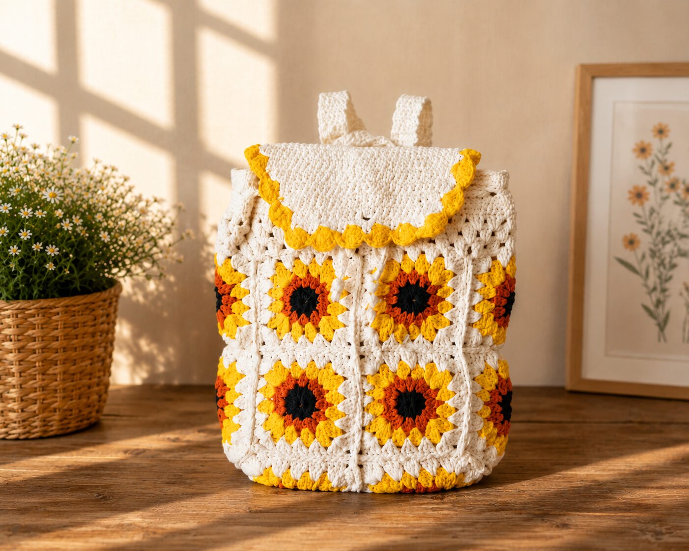 Handmade Crochet Sunflower Granny Square Backpack With Floral Boho Bag Design