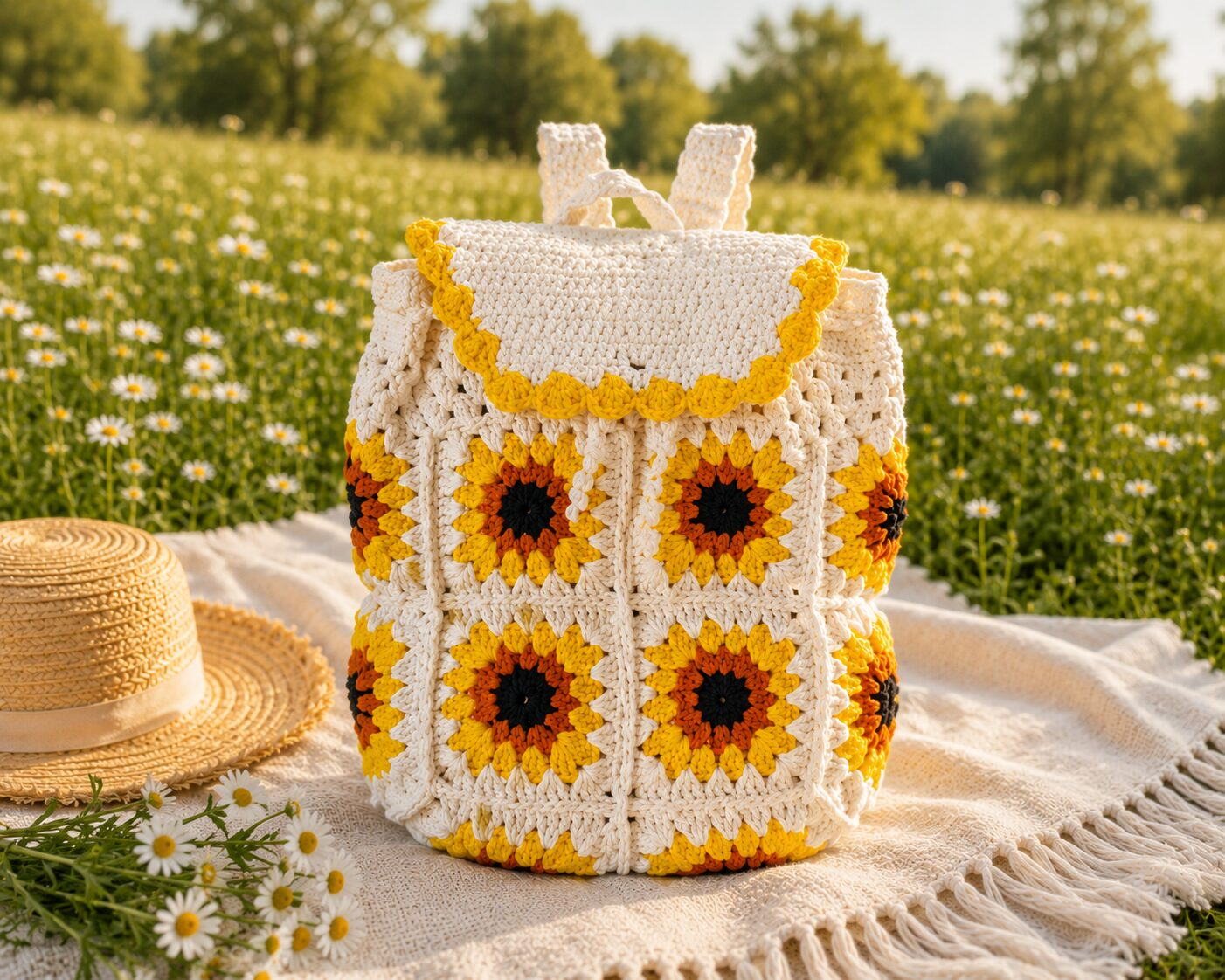Handmade Crochet Sunflower Granny Square Backpack With Floral Boho Bag Design - Image 2