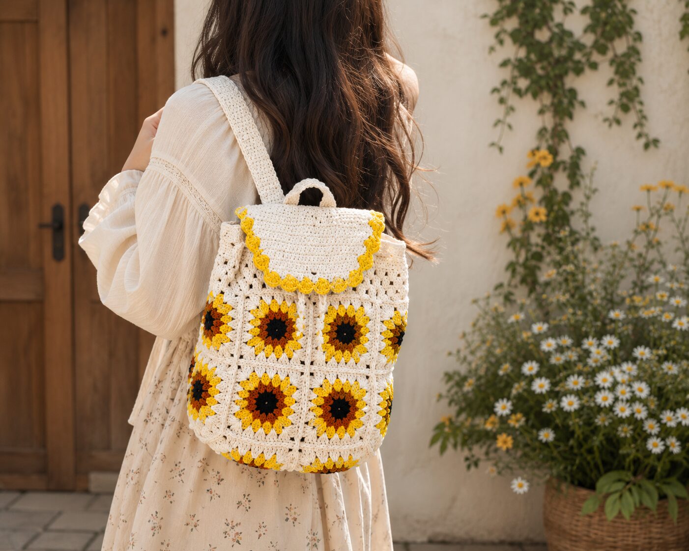 Handmade Crochet Sunflower Granny Square Backpack With Floral Boho Bag Design - Image 3