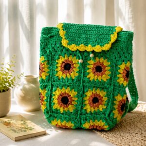 Handmade Crochet Sunflower Granny Square Backpack With Floral Boho Bag Design