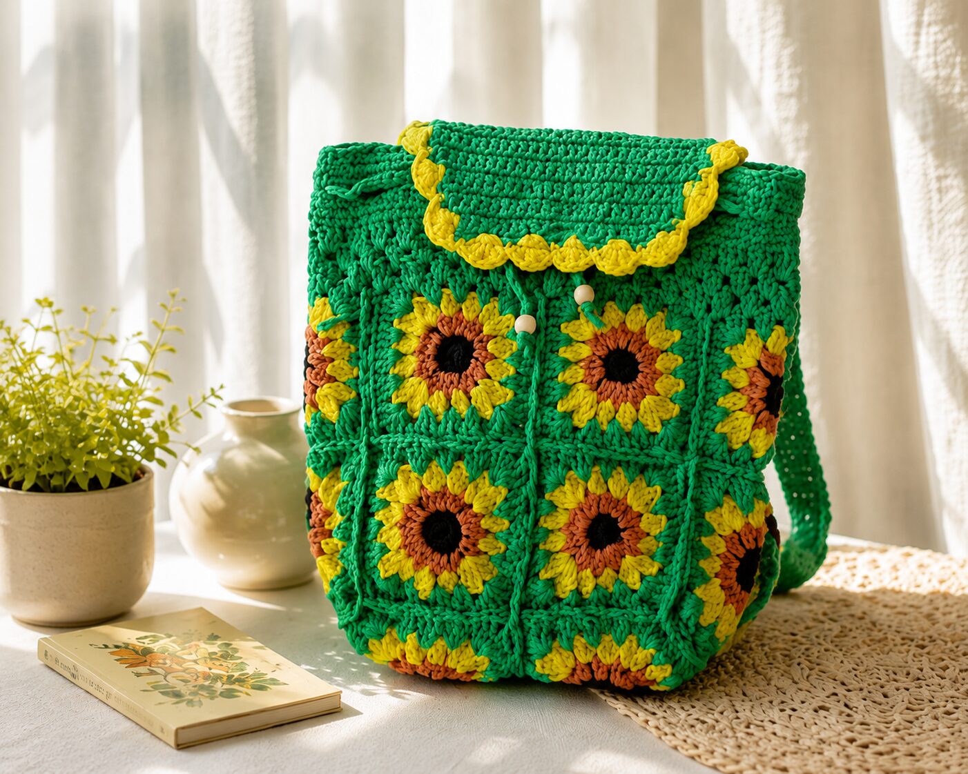 Handmade Crochet Sunflower Granny Square Backpack With Floral Boho Bag Design