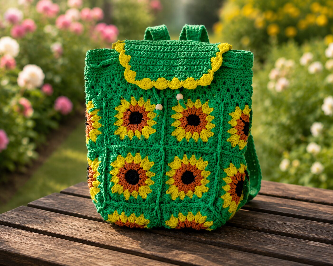 Handmade Crochet Sunflower Granny Square Backpack With Floral Boho Bag Design - Image 2