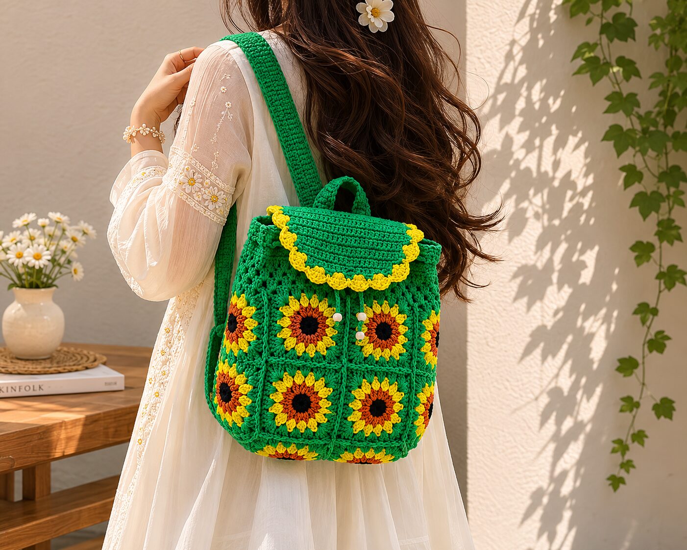 Handmade Crochet Sunflower Granny Square Backpack With Floral Boho Bag Design - Image 3
