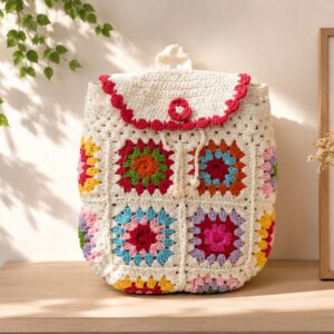 Handmade Crochet Multicolor Granny Square Backpack With Boho Floral Bag Design