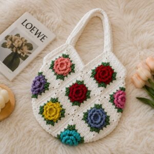Handmade Crochet Rose Granny Square Bag With Multicolor Floral Boho Design