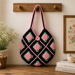 Handmade Crochet Rose Granny Square Bag With Elegant Floral Boho Design