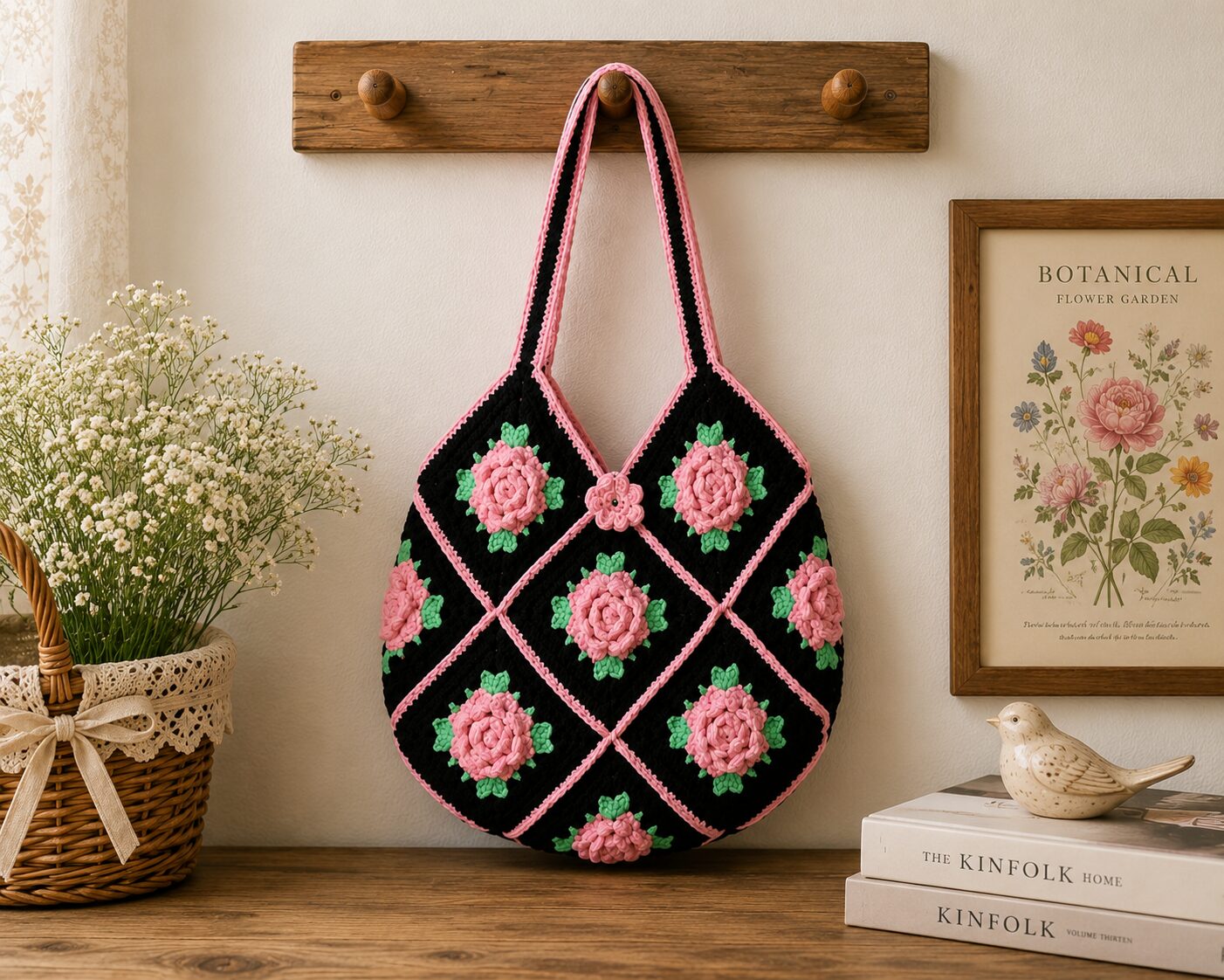 Handmade Crochet Rose Granny Square Bag With Elegant Floral Boho Design