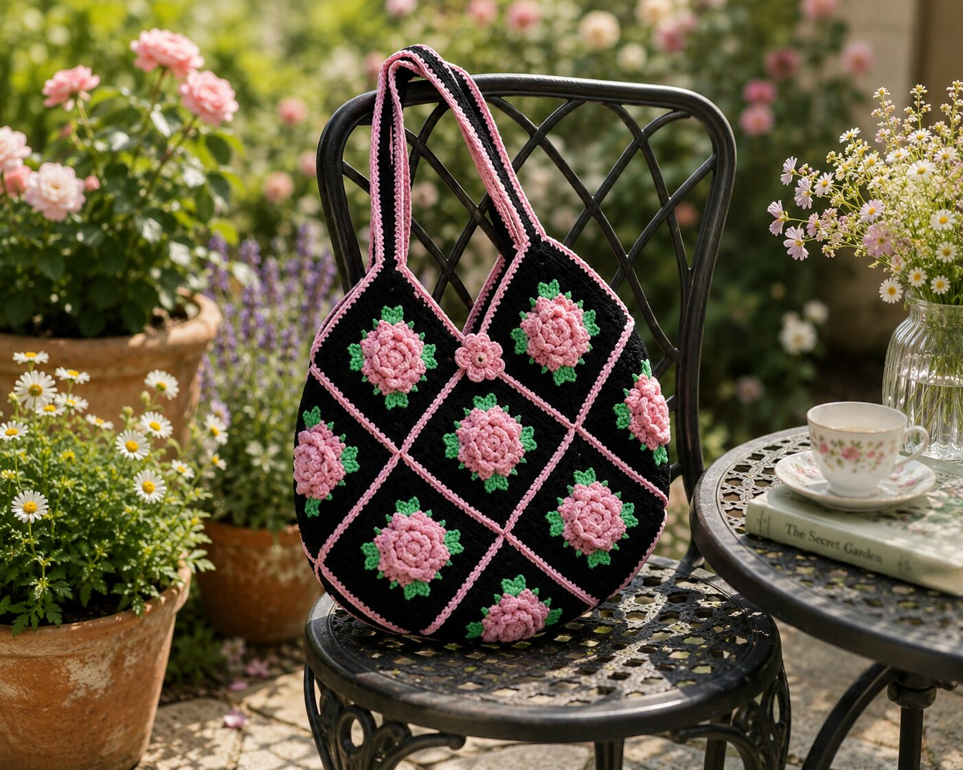 Handmade Crochet Rose Granny Square Bag With Elegant Floral Boho Design - Image 2