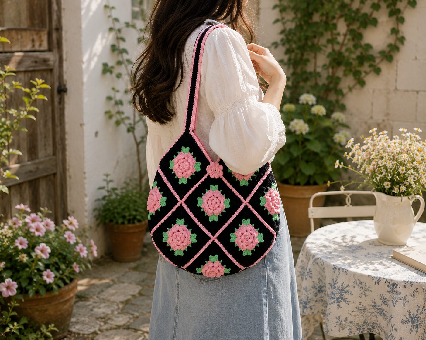 Handmade Crochet Rose Granny Square Bag With Elegant Floral Boho Design - Image 3