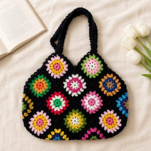 Handmade Crochet Floral Granny Square Tote With Boho Shoulder Bag Design