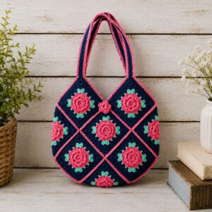 Handmade Crochet Rose Granny Square Bag With Vintage Floral Boho Design