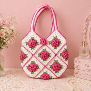 Handmade Crochet Rose Granny Square Bag With Vintage Floral Boho Design
