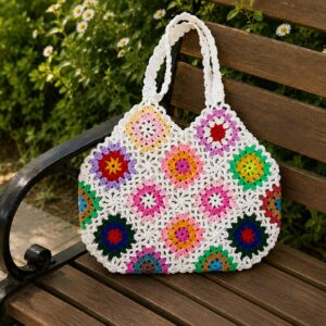 Handmade Crochet Floral Granny Square Tote With White Lace Boho Bag