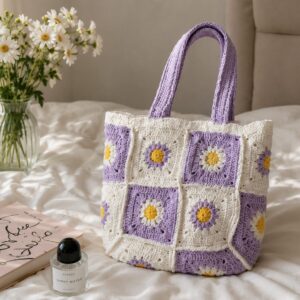 Handmade Crochet Daisy Granny Square Tote Bag With Floral Boho Design