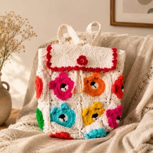 Handmade Crochet Teddy Bear Backpack With Cute Multicolor Boho Bag Design