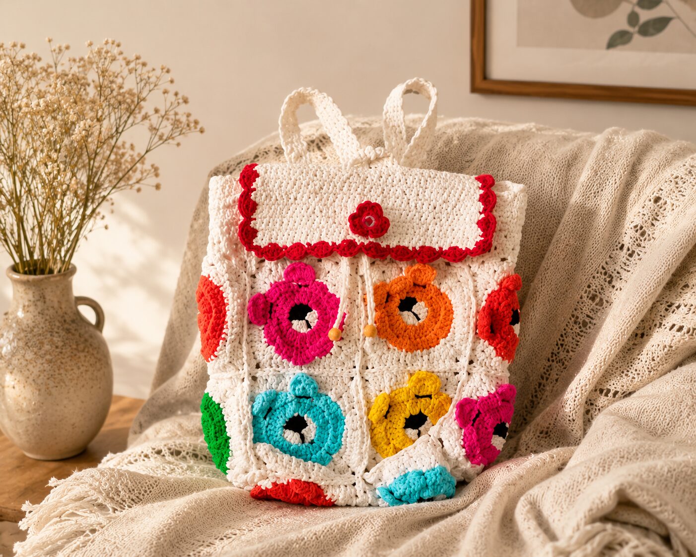 Handmade Crochet Teddy Bear Backpack With Cute Multicolor Boho Bag Design
